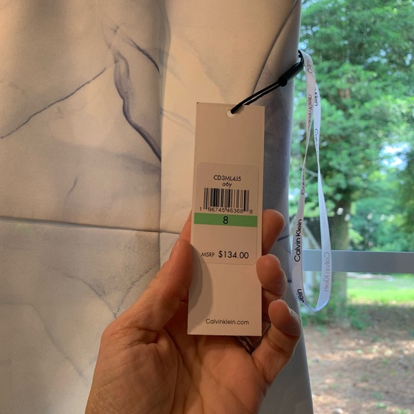 Calvin Klein Blue and White Sheath Dress V-Neck Midi - Picture 2 of 6